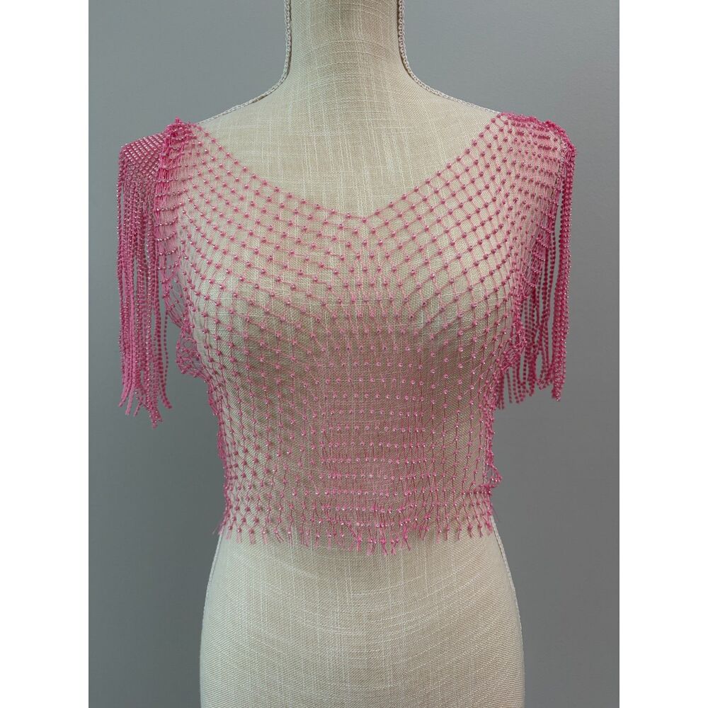 Pink Rhinestone Mesh Fringe Crop Top Small Fishnet Beaded Sheer Festival Rave